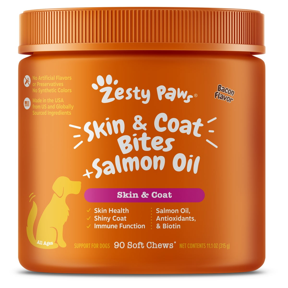 Zesty Paws Skin & Coat Bites + Salmon Oil for Dogs, Bacon Flavor, 90 Count Soft Chews