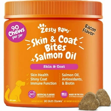 Zesty Paws Skin & Coat Bites + Salmon Oil for Dogs, Bacon Flavor, 90 Count Soft Chews