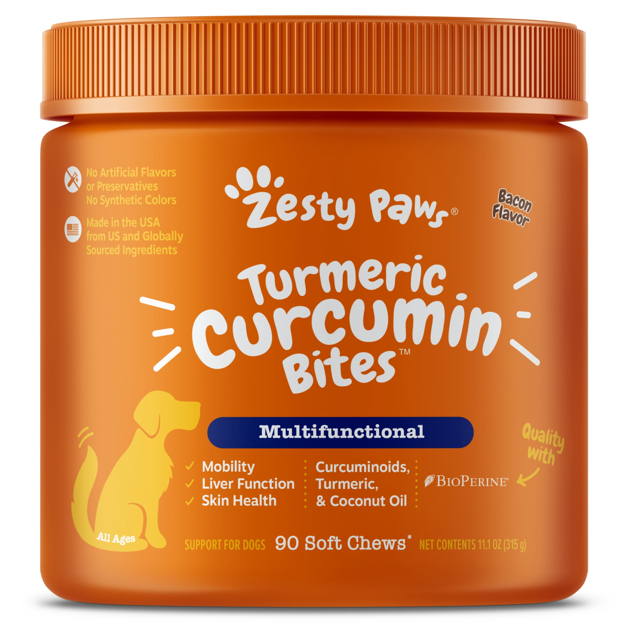 Zesty Paws Turmeric Curcumin Bites Bacon Flavor Dog Supplement, 90 Count
