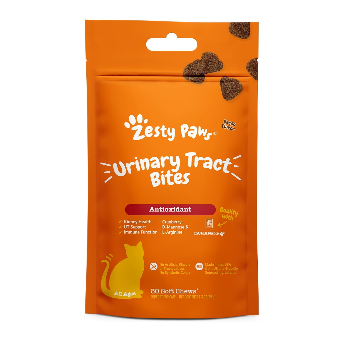 Zesty Paws Urinary Tract Bites for Cats, for Kidney & Urinary Health, Bacon Flavor 30ct