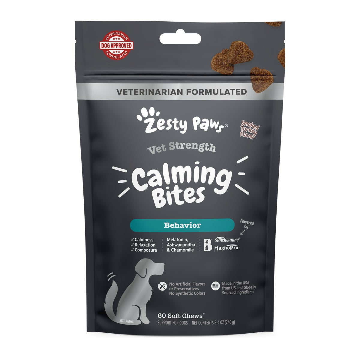 Zesty Paws Vet Strength Calming Bites for Dogs, Dog Supplement for Anxiety Relief, 60 Count
