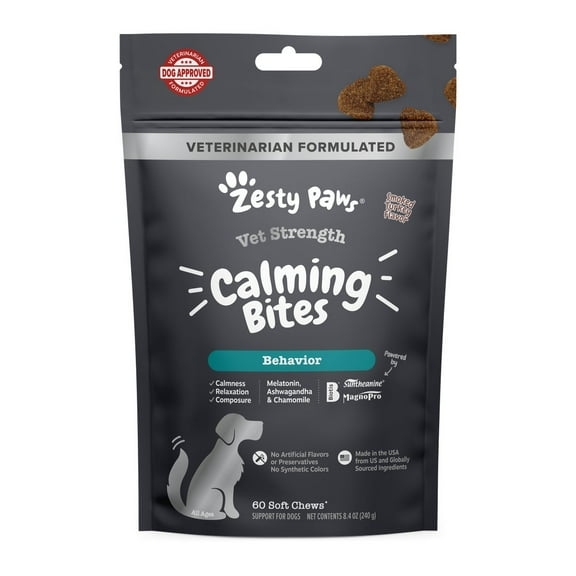 Zesty Paws Vet Strength Calming Bites for Dogs, Dog Supplement for Anxiety Relief, 60 Count