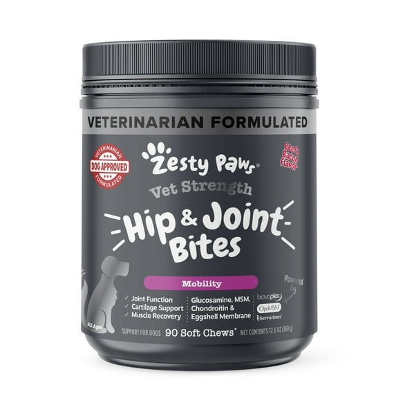 Vet Strength Hip & Joint Mobility Bites for Dogs, Supreme Hip & Joint Support, Beef & Bacon Flavor, 90 Count Soft Chews