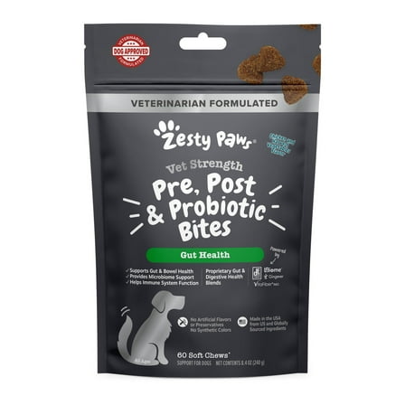 Zesty Paws Vet Strength Pre, Post & Probiotic Bites for Dogs, Dog Supplement for Gut Health, 60 Count