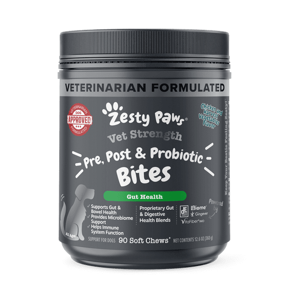 Zesty Paws Vet Strength Pre, Post, & Probiotic Bites for Dogs, for Gut Health & Immune Support, Chicken Flavor, 90ct