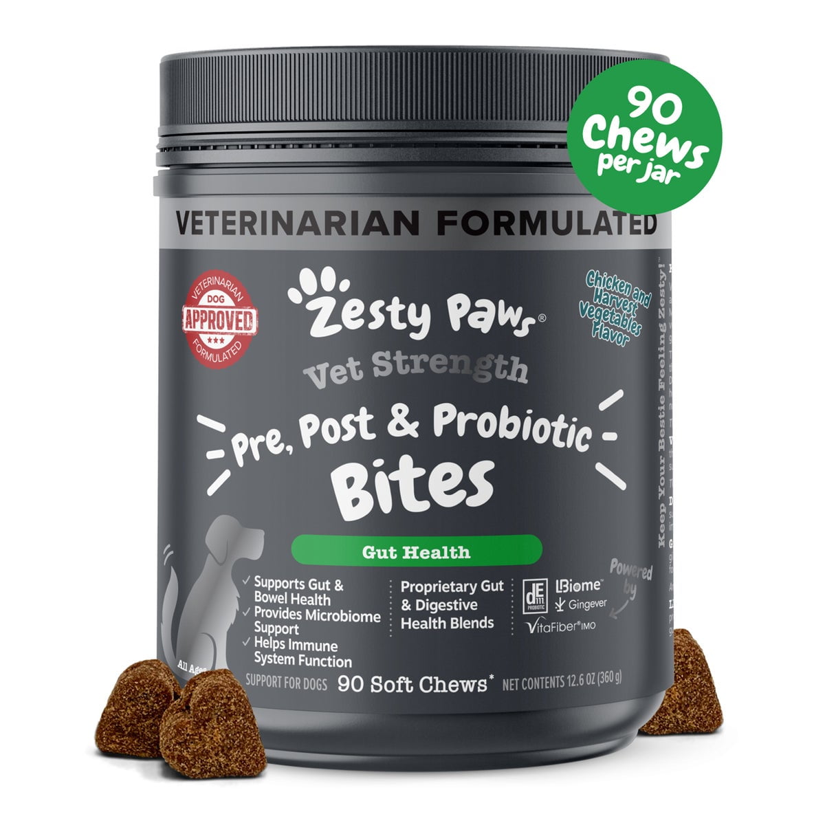 Zesty Paws Vet Strength Pre, Post, & Probiotic Bites for Dogs, for Gut Health & Immune Support, Chicken Flavor, 90 Count Soft Chews