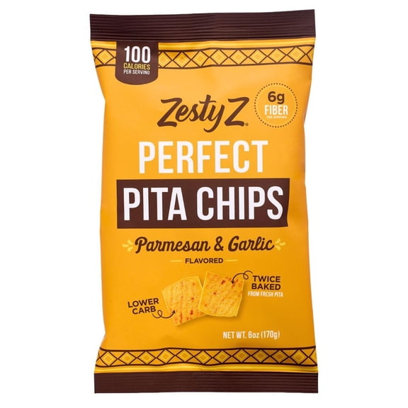 Zesty Z - Crispy High Fiber Pita Chips with Parmesan Garlic - 6 OZ, Case of 8