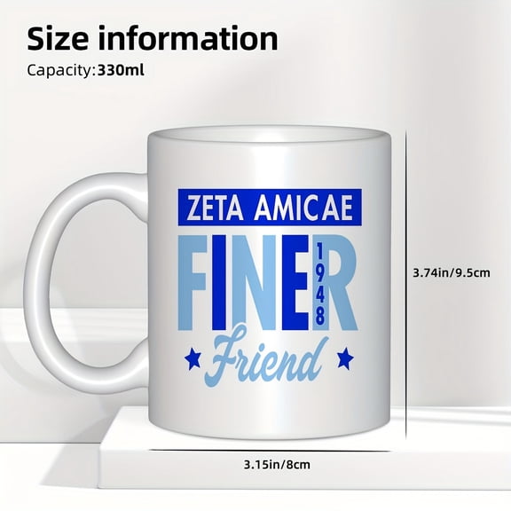 Zeta Amicae Fine 1948 Friend Ceramic Coffee Mug - White Black 11oz Mug, Unique Gift for Sorority Sister, Birthday, Anniversary, Friendship Day Celebration