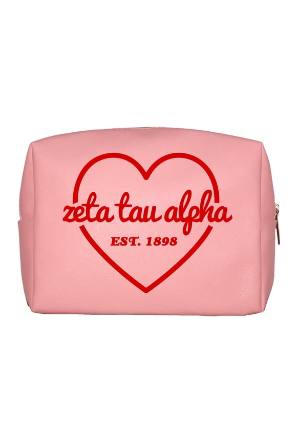 Zeta Tau Alpha Makeup Bag Pink With Red Heart PU Leather