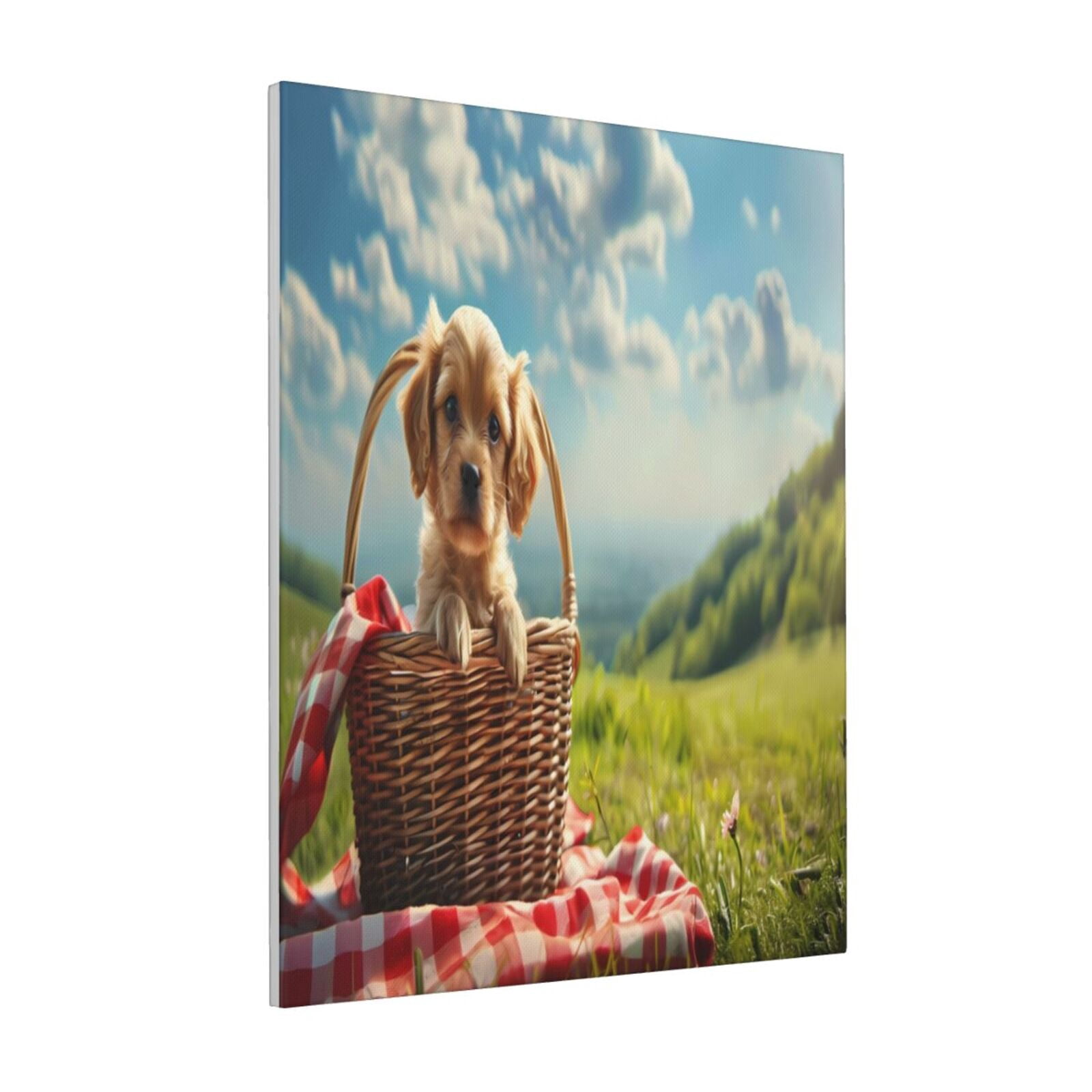 Zeuib Adorable Puppy Basket Print Farmhouse Canvas Wall Art For Bedroom ...