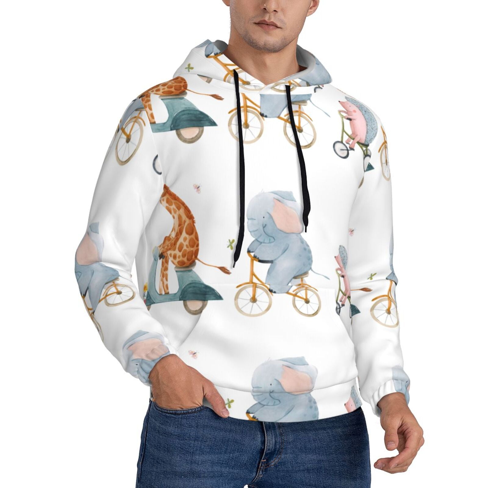 Zufioo Animals in Transport Design Fleece Comfortable Hoodie for Mens