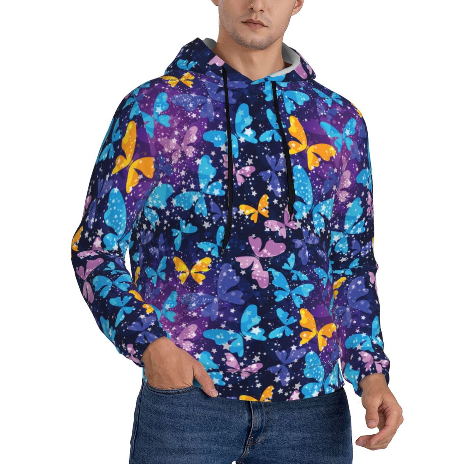 Neon Purple Tropical Palm Tree Butterfly Print Men's Zip Up Hoodie