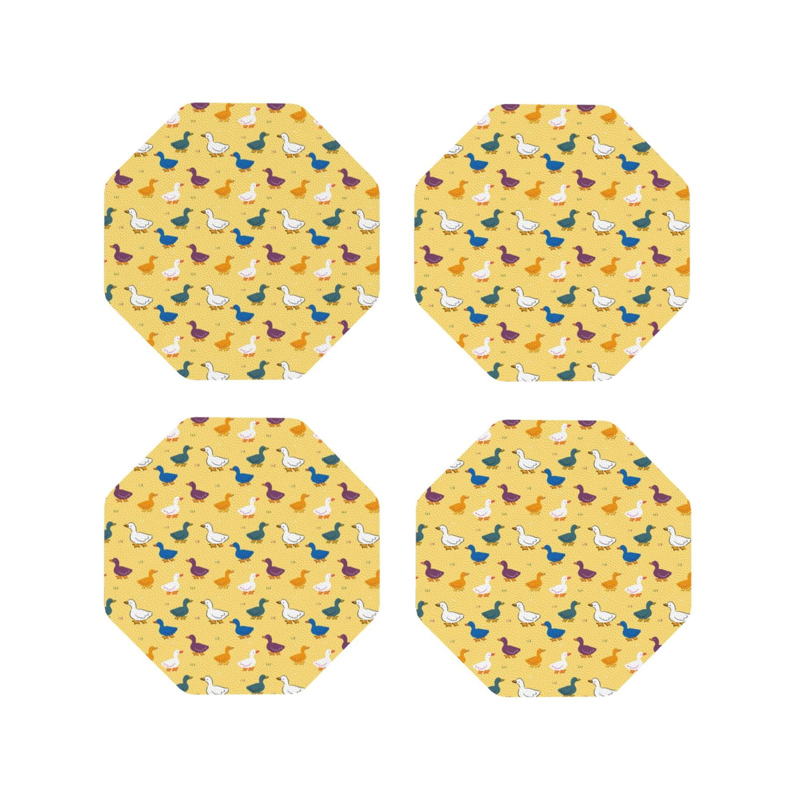 6-Pack Cartoon Duck Leather Coasters With Holder - PU Leather, 4-Inch, Waterproof