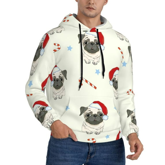 Zufioo Christmas Pug Dog Design Fleece Comfortable Hoodie for Mens,Sweatshirt for Men,Pullover Hooded Sweatshirt for Men -Small