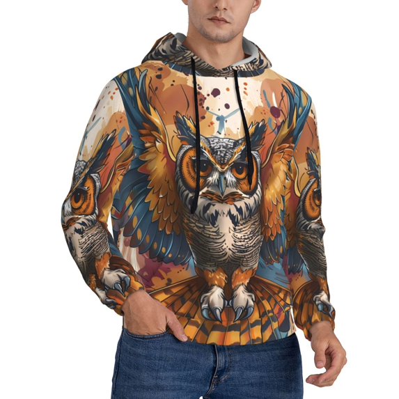 Zufioo Colorful Owl Tattoo Art Design Fleece Comfortable Hoodie for Mens,Sweatshirt for Men,Pullover Hooded Sweatshirt for Men -X-Large