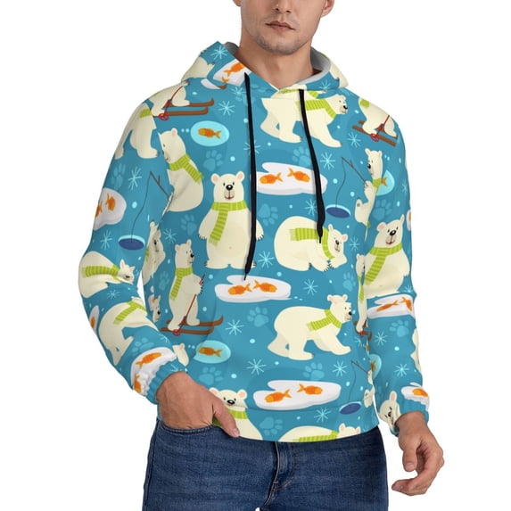 Zufioo Cute Polar Bear Fishing Design Fleece Comfortable Hoodie for Mens,Sweatshirt for Men,Pullover Hooded Sweatshirt for Men -Small
