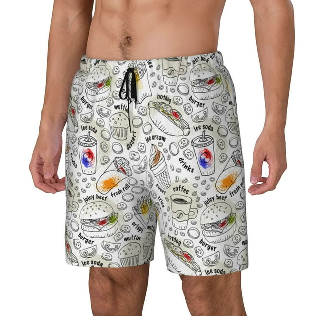 Zeuib Fastfood 2 Print Swimming Trunks for Men Boys,Swimming Shorts with Compression Liner,Quick-Drying Beach Trousers with Inner Shorts,Men Elastic Surf Shorts with Pockets-Small