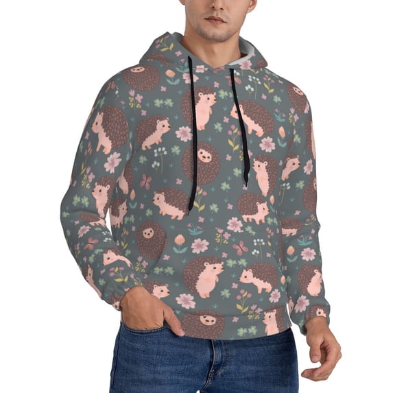 Zufioo Hedgehogs and Flowers1 Design Fleece Comfortable Hoodie for Mens,Sweatshirt for Men,Pullover Hooded Sweatshirt for Men -Small
