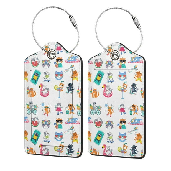 Hello Summer Cat Print Luggage Tags for Suitcases ,Leather Luggage Tag with Name Card,PU Suitcase Tags for Women Men Travel-2 PCS