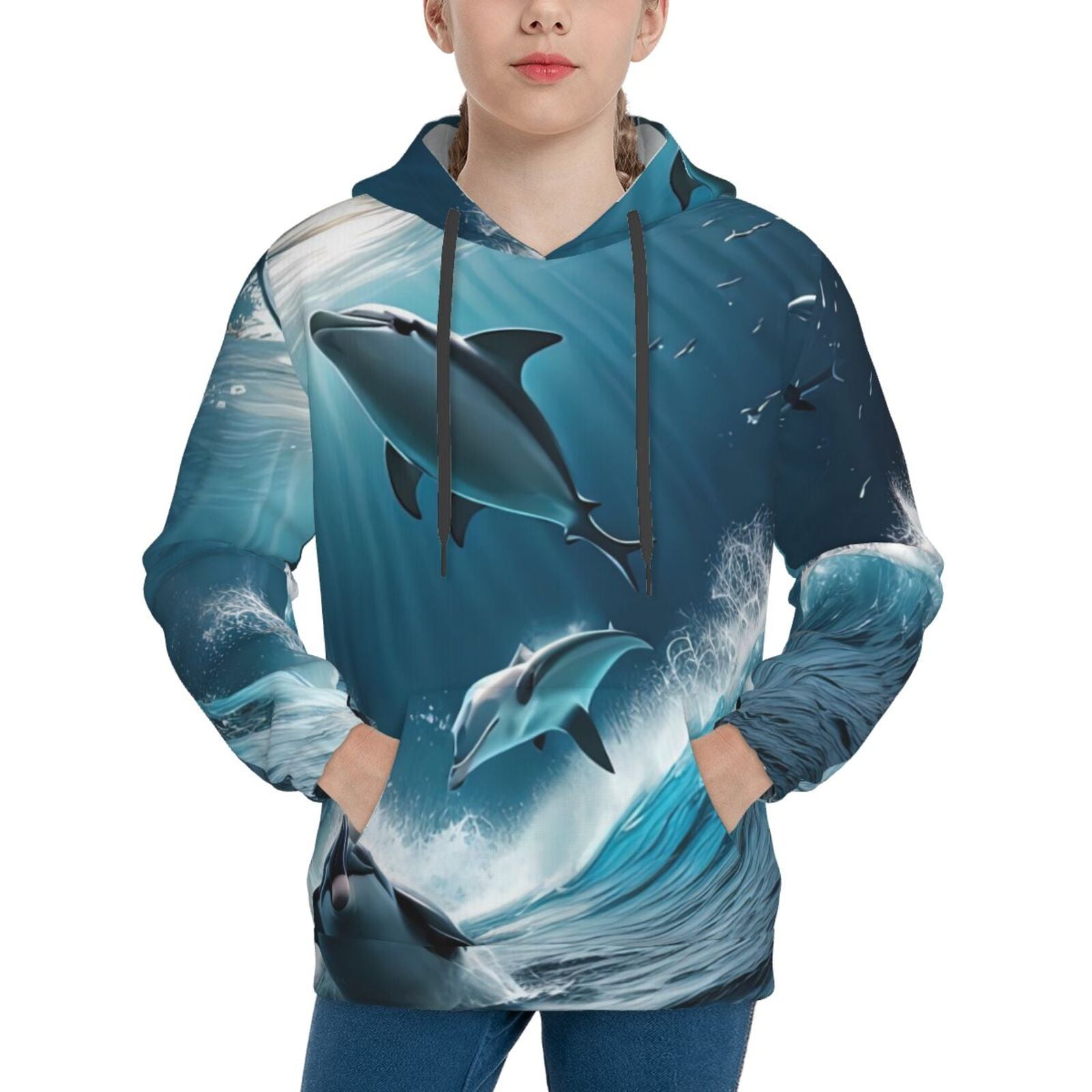 Zeuib Ice Blue Ocean Cute Dolphin A Design Hoodies For Boys and Girls Oversized Hoodie Clothes Jackets for Teen Pullover Full Zip Autumn And Winter Sweatshirts Fashion Hooded Sweatshirts Walmart