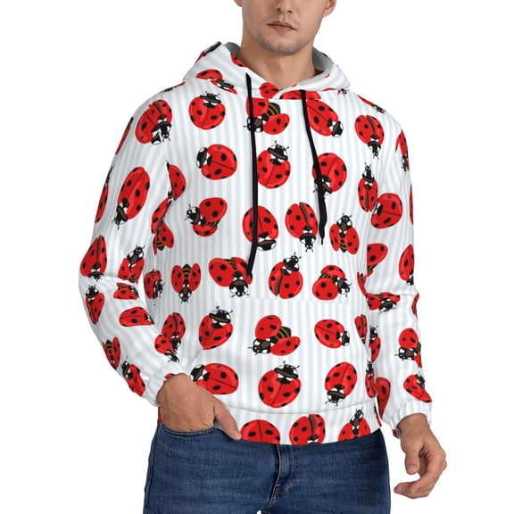 Zufioo Ladybug On Blue Stripes Design Fleece Comfortable Hoodie for Mens,Sweatshirt for Men,Pullover Hooded Sweatshirt for Men -Medium