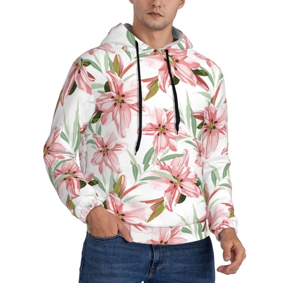 Zufioo Lilies Flowers Design Fleece Comfortable Hoodie for Mens,Sweatshirt for Men,Pullover Hooded Sweatshirt for Men -Large