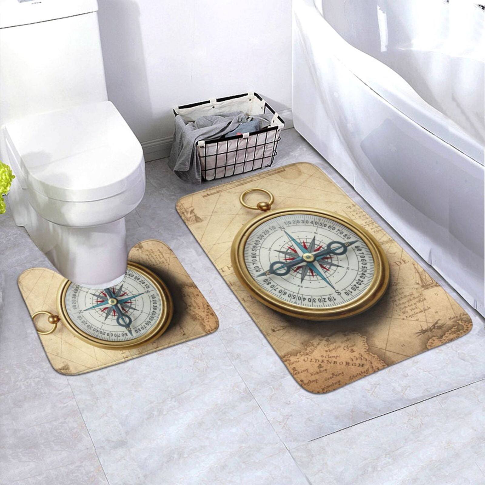 Zeuib Magnetic Old Compass On World Map Water/Dust Absorbent bath rug ...