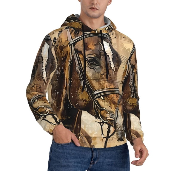 Zufioo Musical Horse Vintage Collage Design Fleece Comfortable Hoodie for Mens,Sweatshirt for Men,Pullover Hooded Sweatshirt for Men -XX-Large