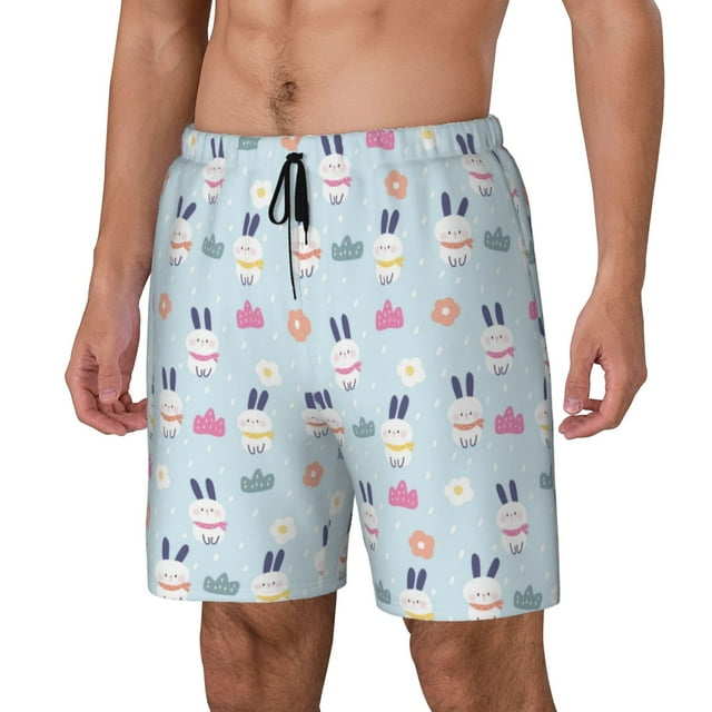 Zeuib Rabbit In The Rain Print Swimming Trunks for Men Boys,Swimming Shorts with Compression Liner,Quick-Drying Beach Trousers with Inner Shorts,Men Elastic Surf Shorts with Pockets-3X-Large