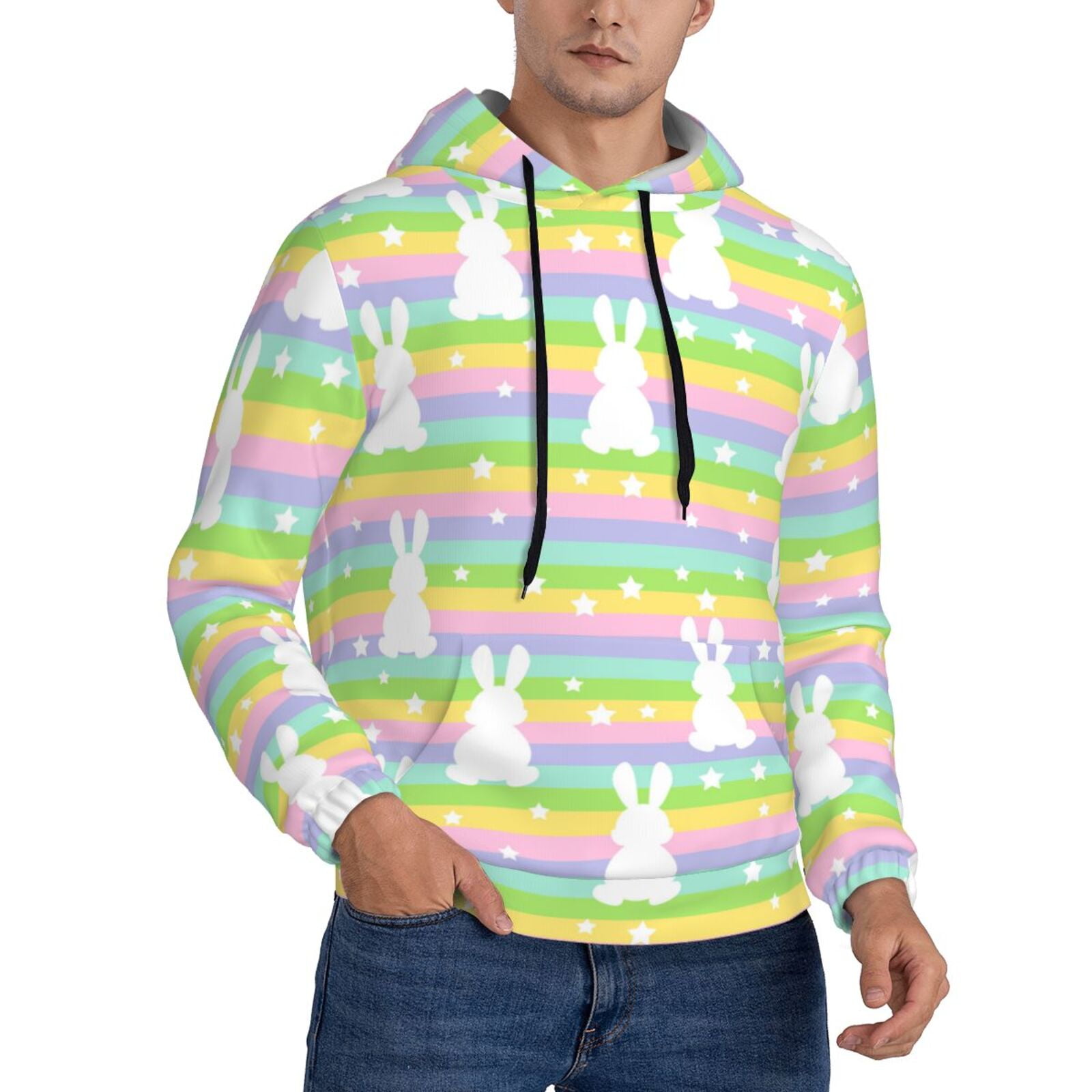 Zufioo Rainbow Rabbit Design Fleece Comfortable Hoodie for Mens
