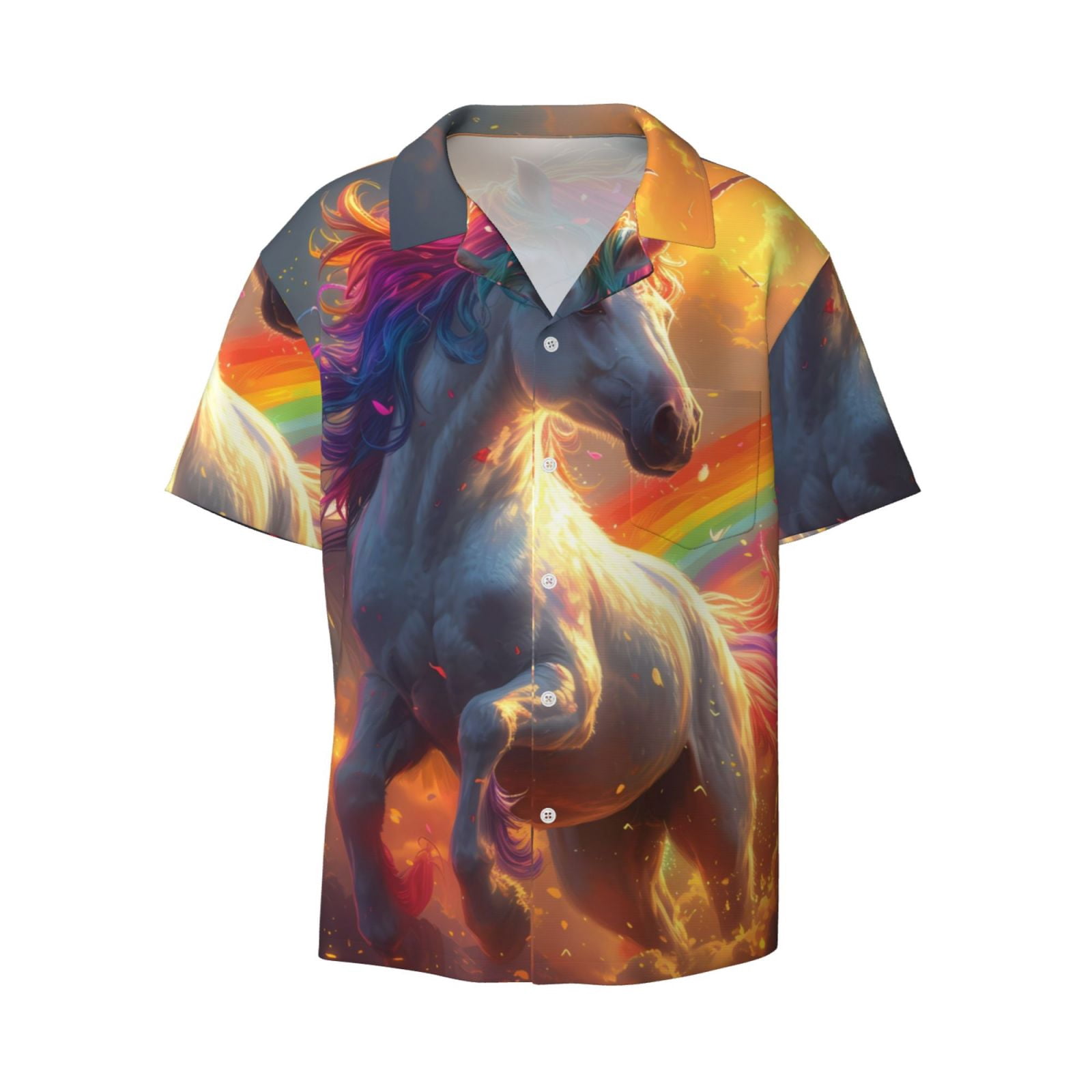 Sunset Button Down Zeuib Rainbow Sunset Cloud White Horse Men's Short Sleeve Button-Down ...