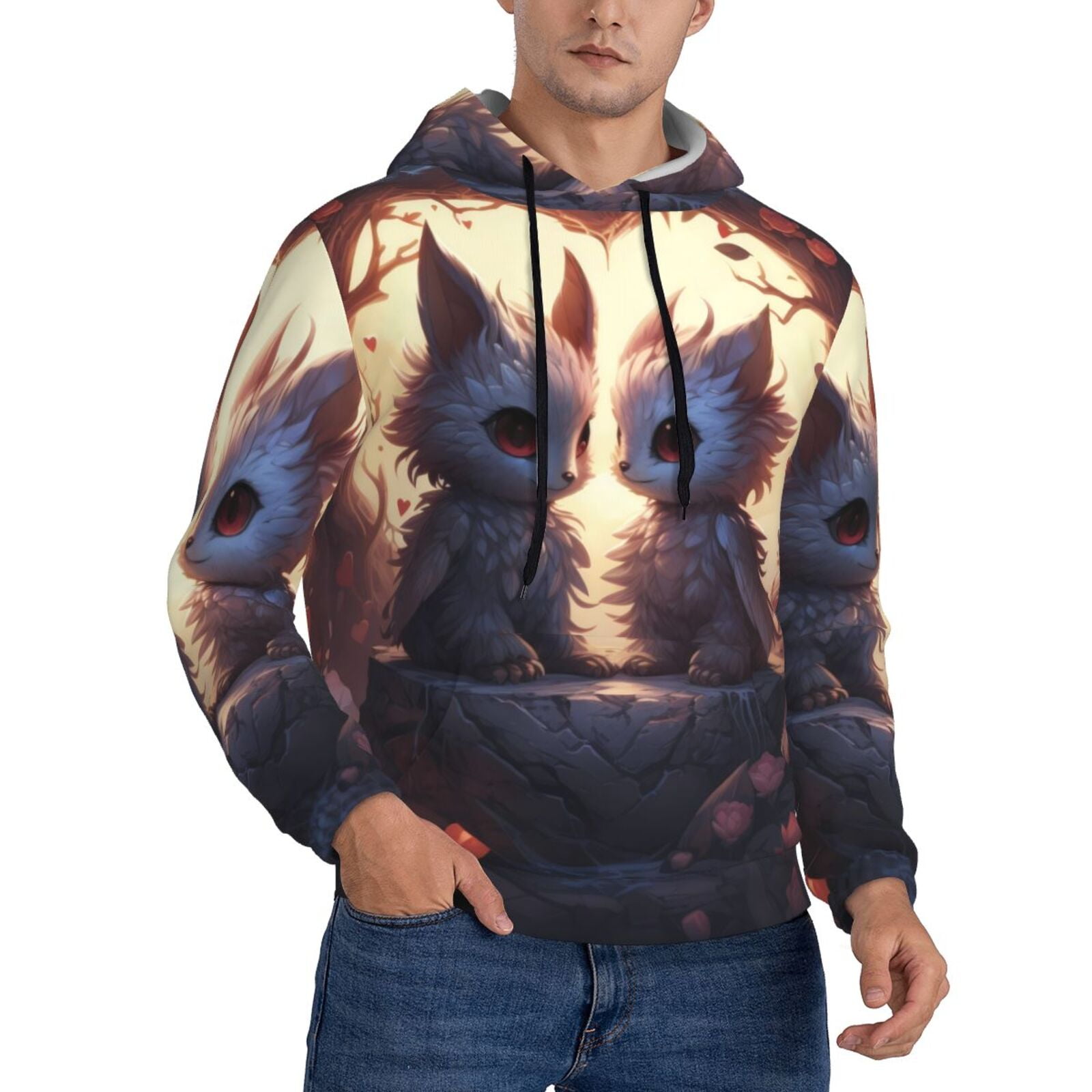 Zufioo Romantic Rose Animal Couple Design Fleece Comfortable Hoodie for