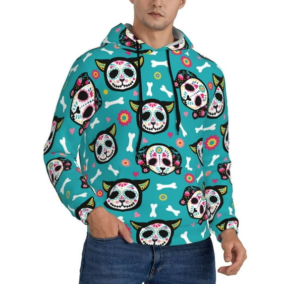 Zufioo Skull Cat Design Fleece Comfortable Hoodie for Mens,Sweatshirt for Men,Pullover Hooded Sweatshirt for Men -Large