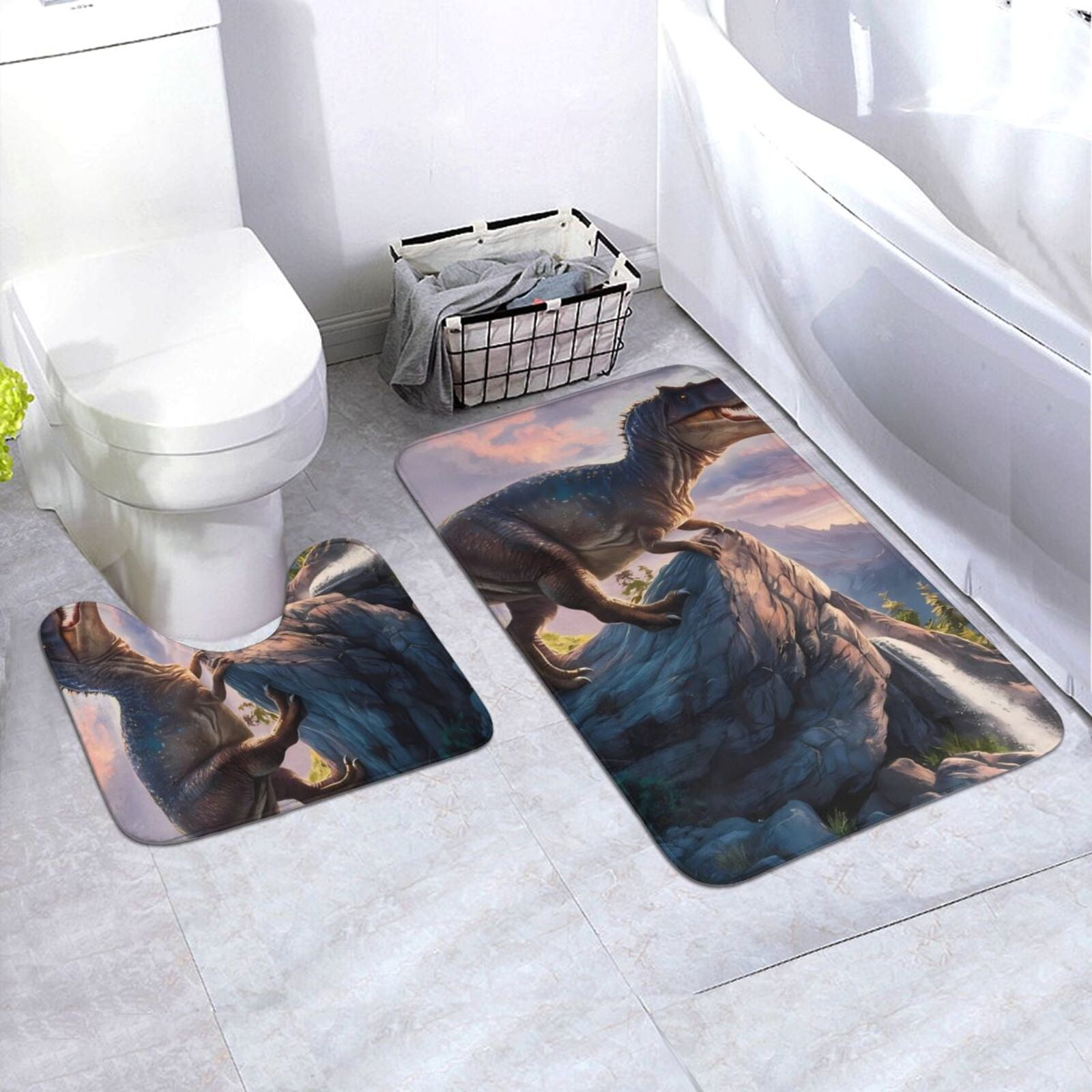 Zeuib Sunset Cliff Dinosaur Water/Dust Absorbent bath rug set,Toilet ...