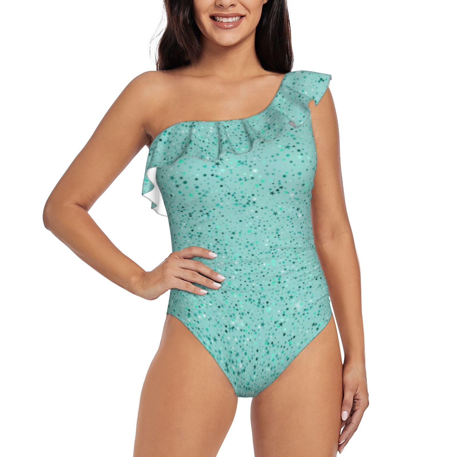 Zeuib Teal Turquoise Glitter Print Women's One Piece Swimsuits,One ...