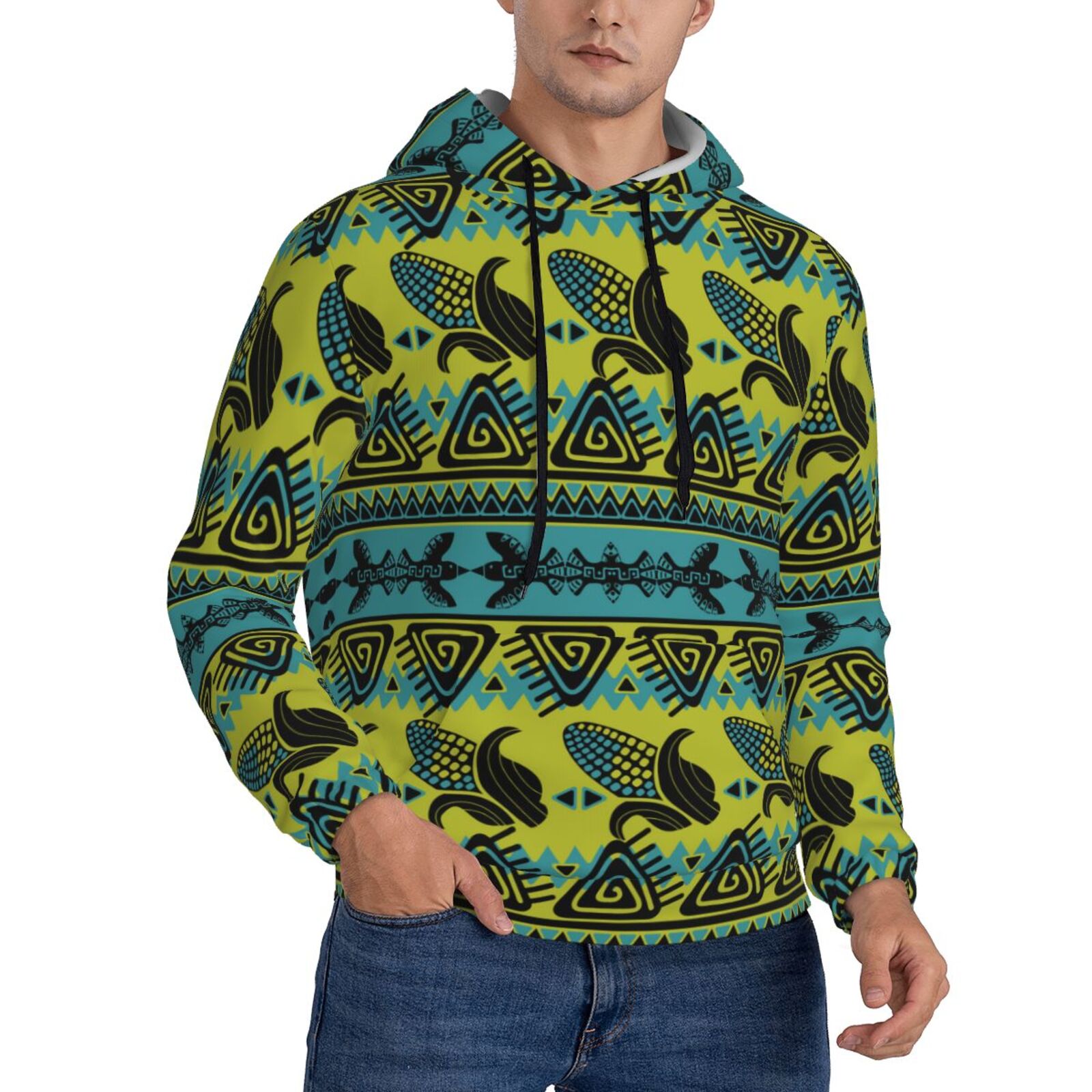 Zufioo Teal Vintage Corn Pattern Design Fleece Comfortable Hoodie for