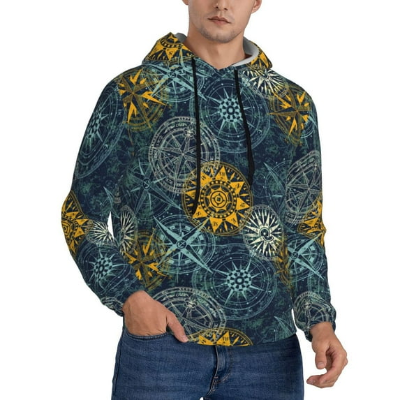 Zufioo Vintage Compass Design Fleece Comfortable Hoodie for Mens,Sweatshirt for Men,Pullover Hooded Sweatshirt for Men -Medium