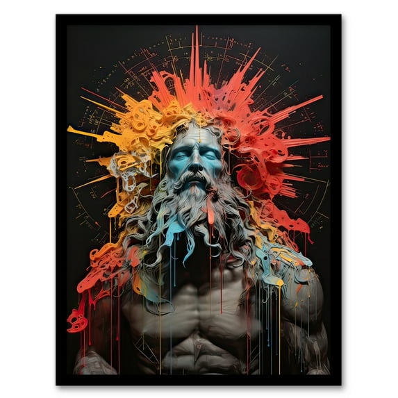 Zeus God of Thunder Greek Mythology Conceptual Artwork Orange Pink Blue on Black Olympus God Crown Halo Mixed Media Art Print Framed Poster Wall Decor 12x16 inch
