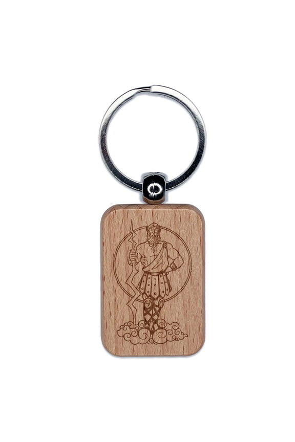 Zeus Greek God of Thunder Rectangle Keychain Charm Tag - Engraved Wood