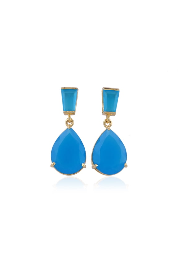 Blue Chalcedony Teardrop Earrings Gold Plated Double Stone Brass Dangle Earrings for Women