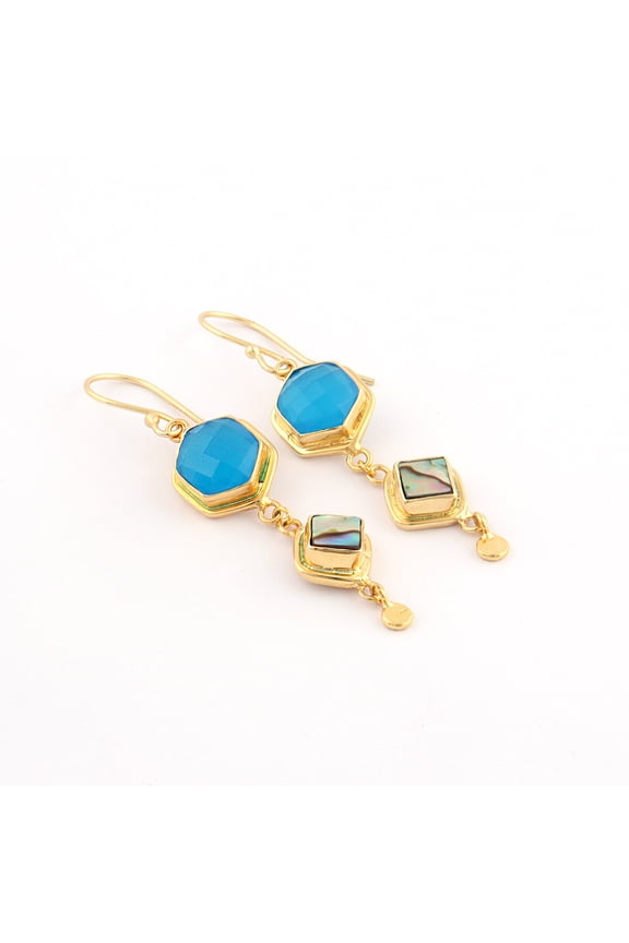 Blue Chalcedony With Ablone Shell Gemstone Brass Dangle Earring.