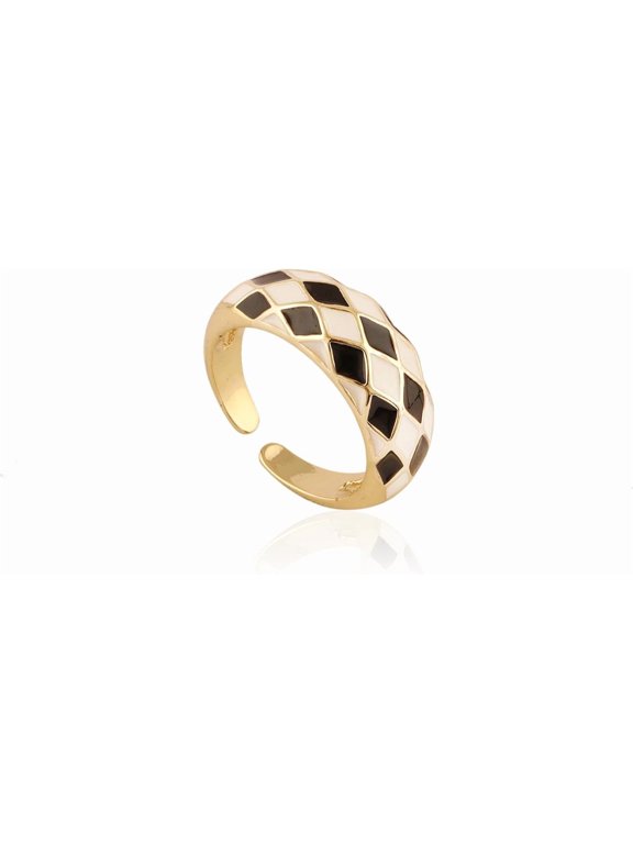 Adjustable Enamel Ring Black & White Checkered, 18K Gold Plated Brass Women's Adult Jewelry