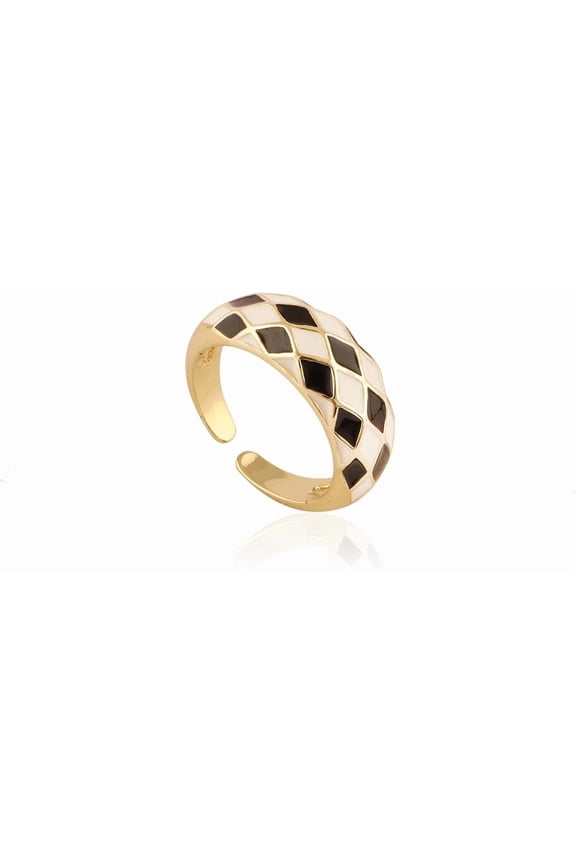 Adjustable Enamel Ring Black & White Checkered, 18K Gold Plated Brass Women's Adult Jewelry
