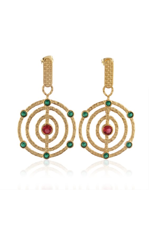 Circular Drop Emerald, Ruby Quartz Earrings, Gold-Plated Textured Brass, Hypoallergenic Jewelry