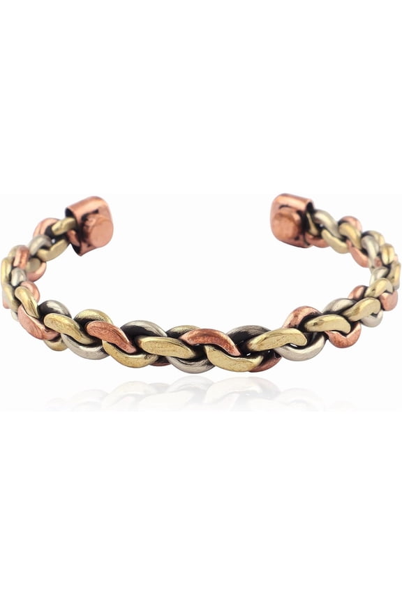 Handmade Mixed Metal Braided Cuff Bracelet Adjustable Unisex Brass, Copper & Silver-Tone Bangle