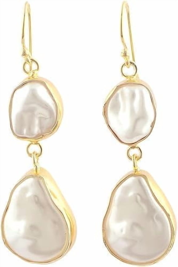 Korean Pearl Double Stone Dangle Earrings, 18K Gold Plated Brass Statement Earrings for Women, Wedding & Anniversary Jewelry