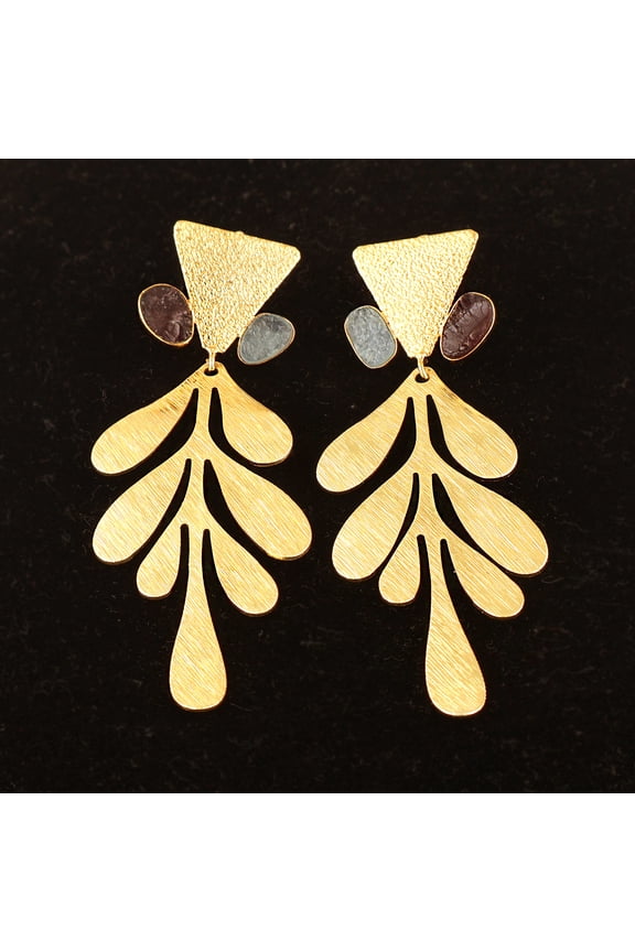 Leaf Statement Brass Earrings - Aquamarine and Garent - 18K Gold Plated Birthstone Jewelry for Women