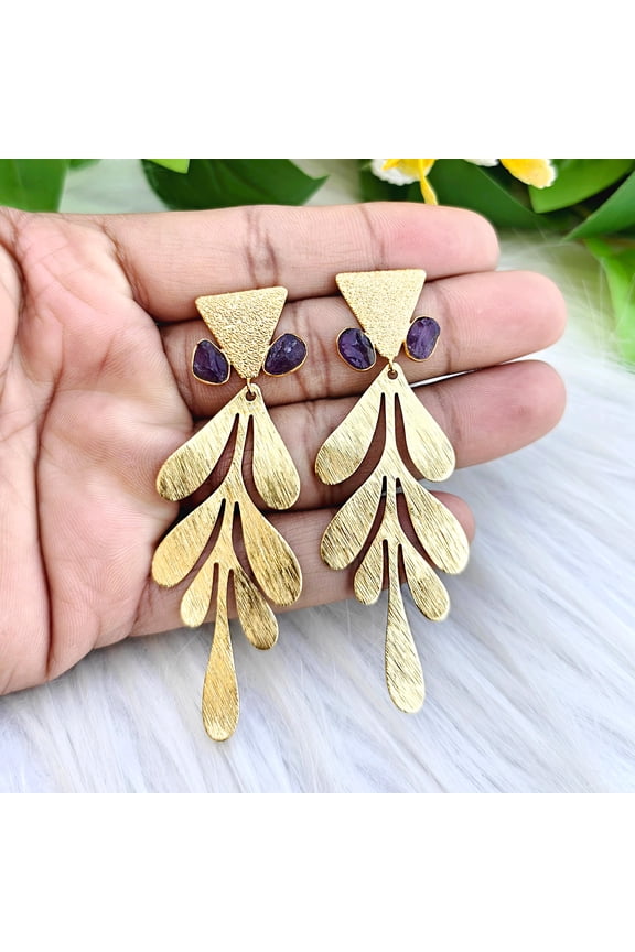 Leaf Statement Brass Earrings - Raw Amethyst - 18K Gold Plated Birthstone Jewelry for Women