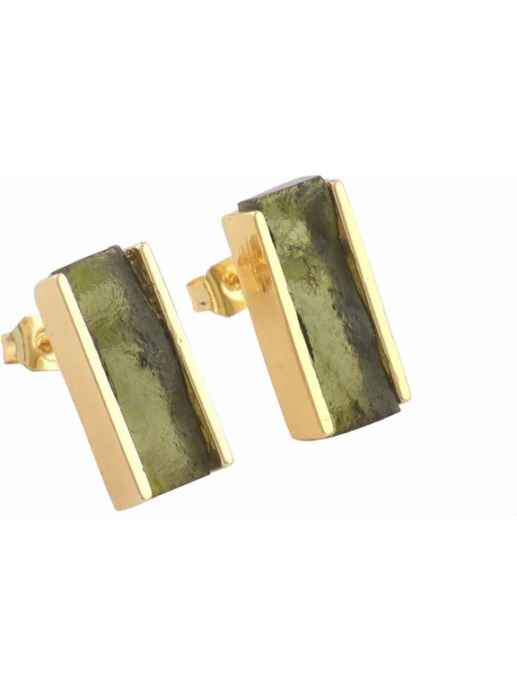 Natural Moldavite Bar Stud Earrings, 18K Gold Plated Brass, Raw Green Stone Minimalist Earrings with Push Back Closure