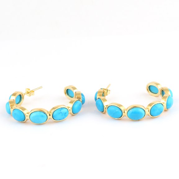 Zeva Jewels Natural Turquoise Hoop Earrings 18K Gold Plated Brass Oval Gemstone Hoop Studs, Handmade Womens Jewelry, Wedding & Gift Earrings